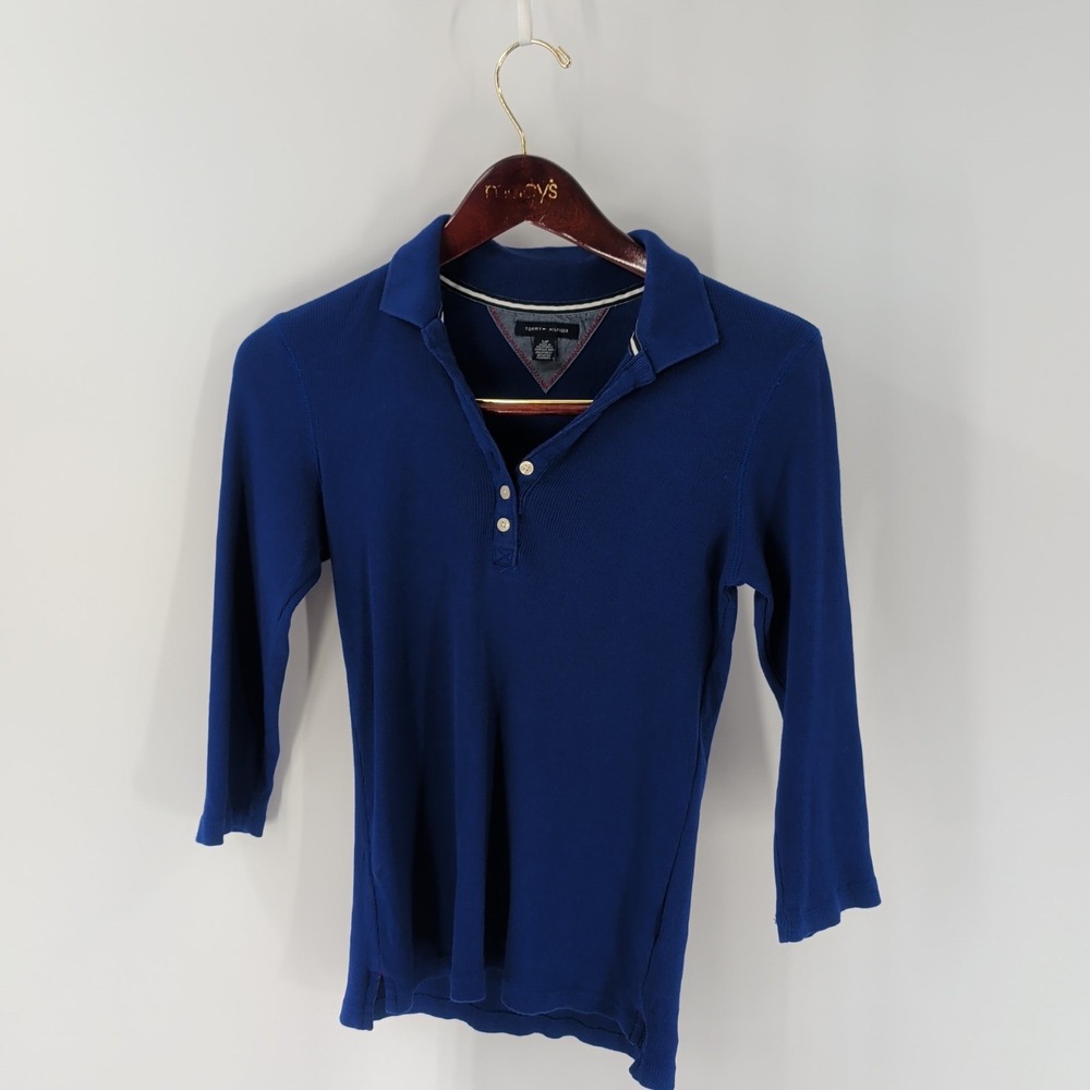Vintage 90's Tommy Hilfiger 3/4 Sleeve Ribbed Polo Shirt‎ Top Navy Blue Size S
